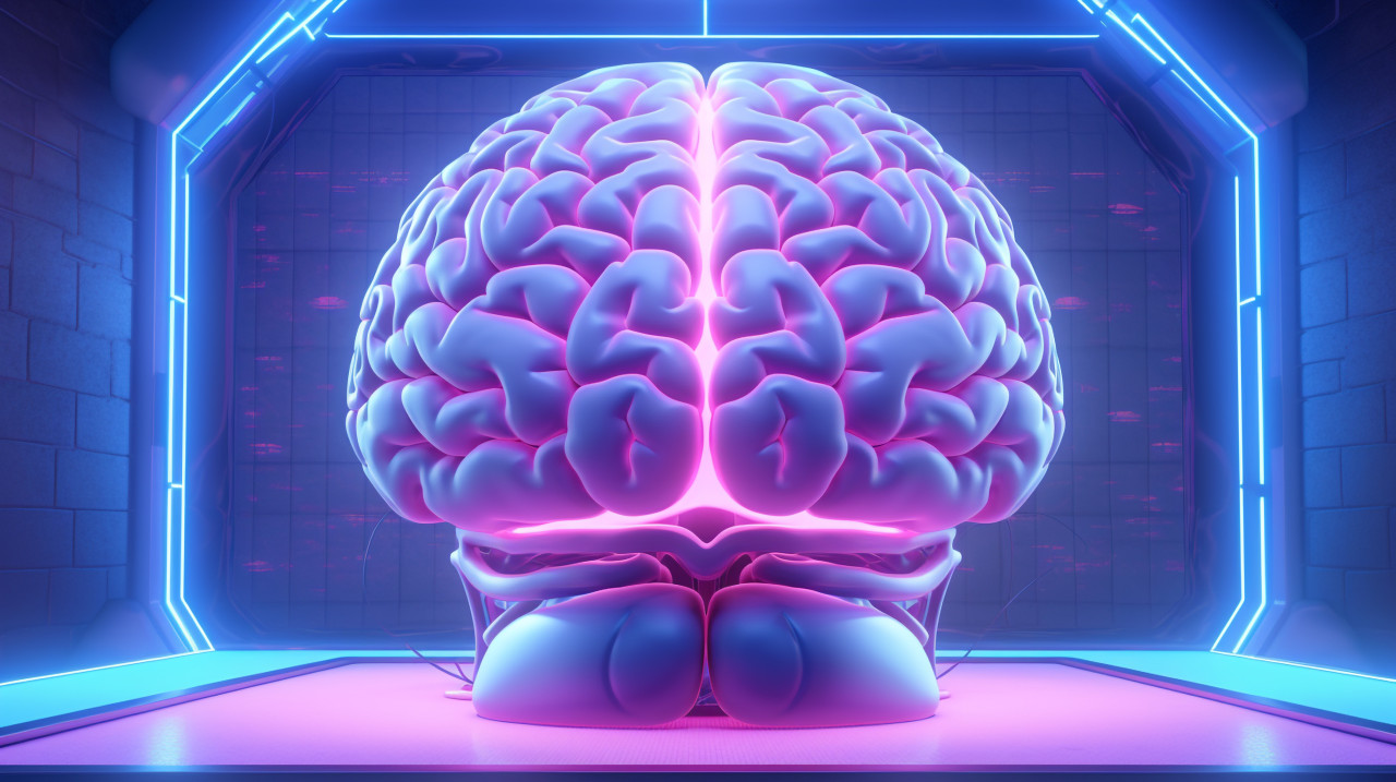 A diagram of the brain with neon lights in the background, human brain image