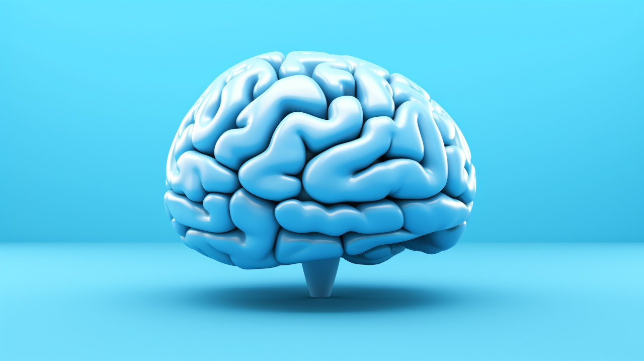 A blue human brain on a blue background, human brain image