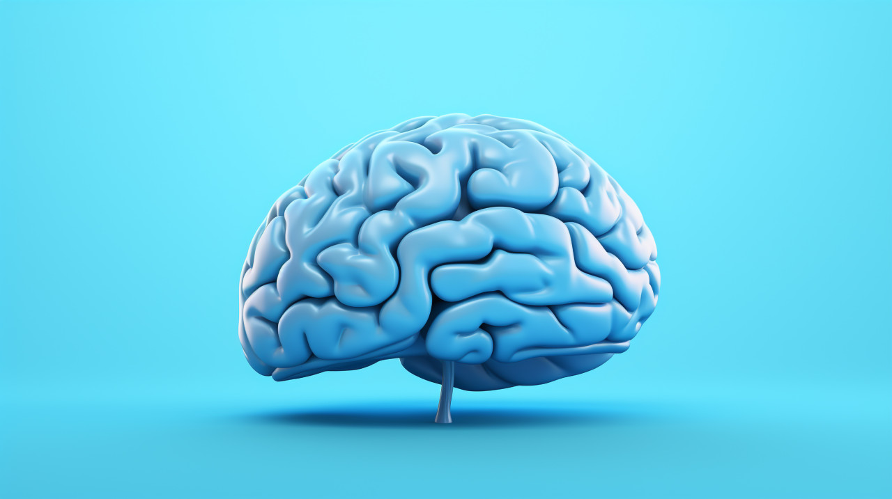 Blue human brain on blue background, human brain image