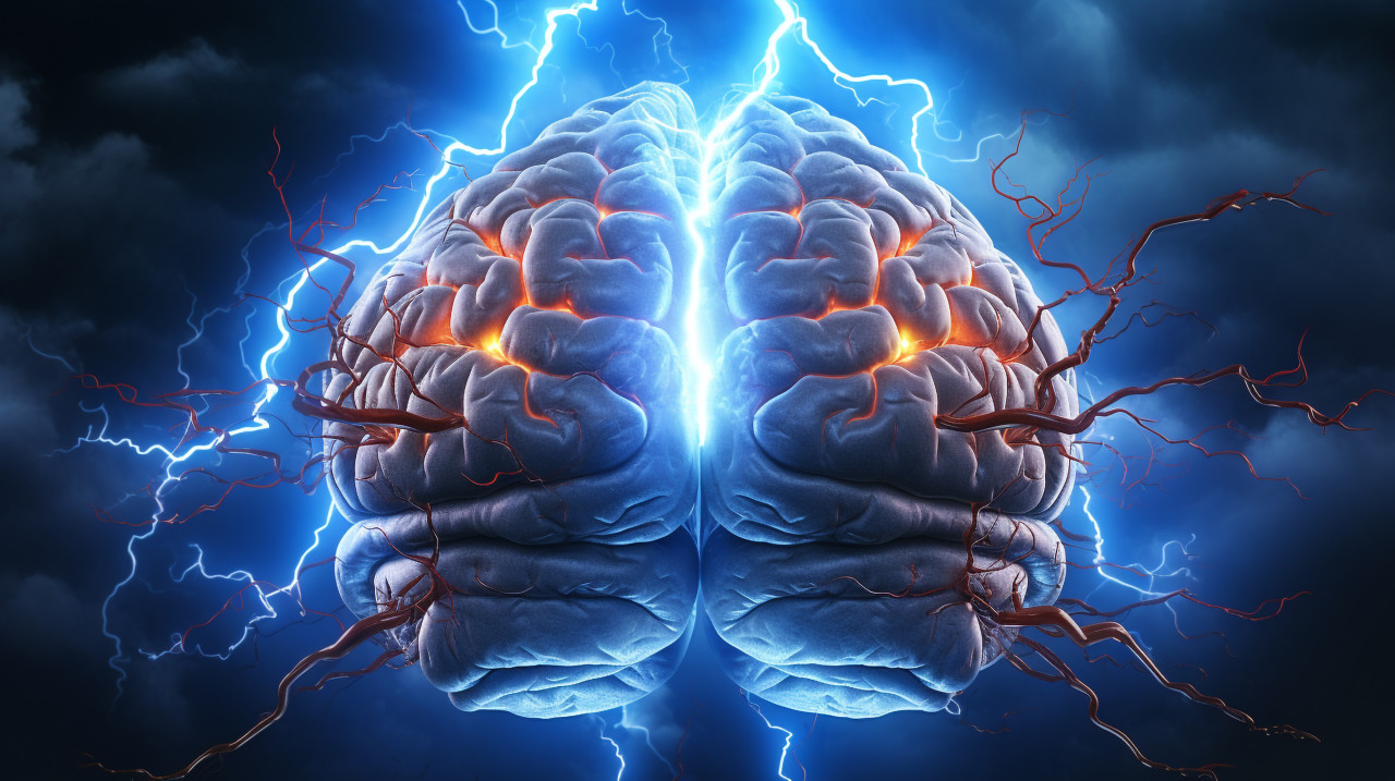 A blue brain with two lightning bolts, human brain image