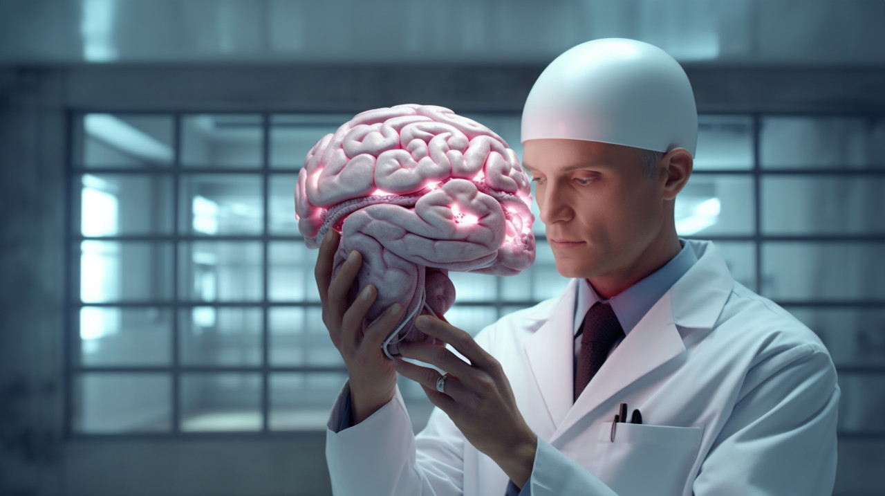 A medical doctor holds up a brain image, human brain image