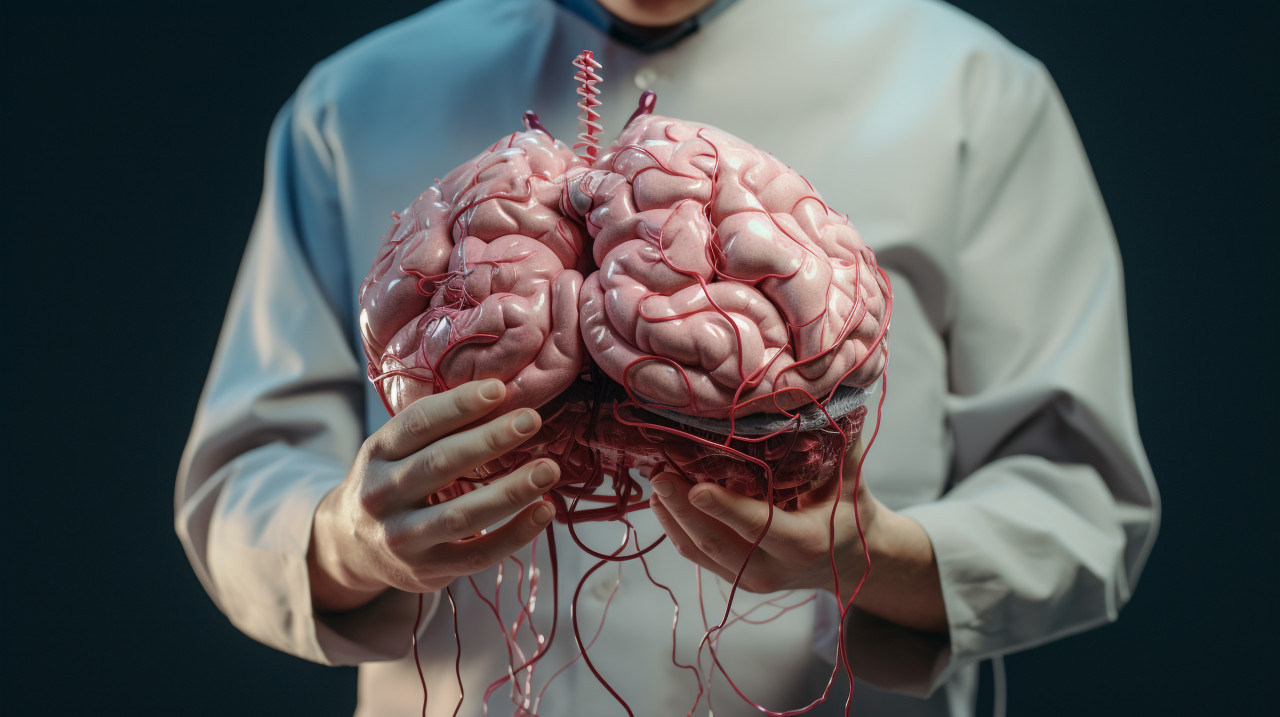 Medical doctor is holding a computer image of the brain, human brain image