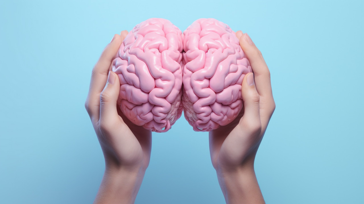 A pink version of a brain in a pair of hands, human brain image