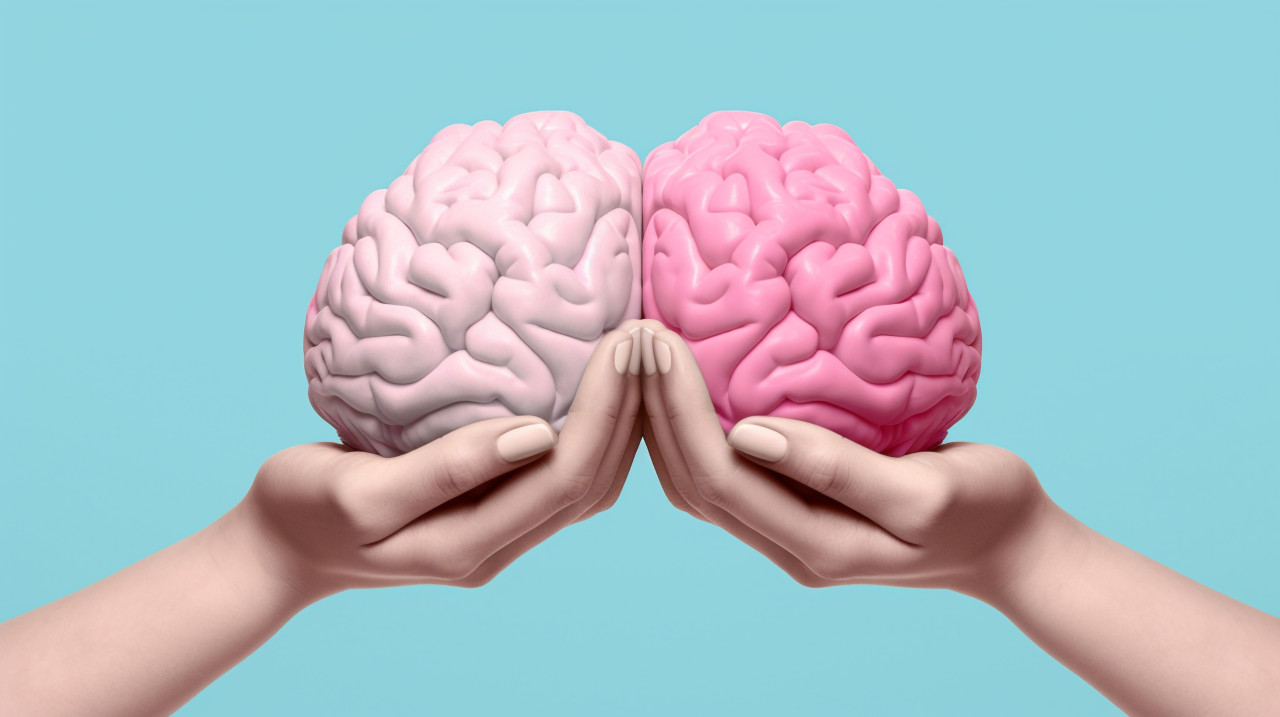 Human brain in pink hands, human brain image