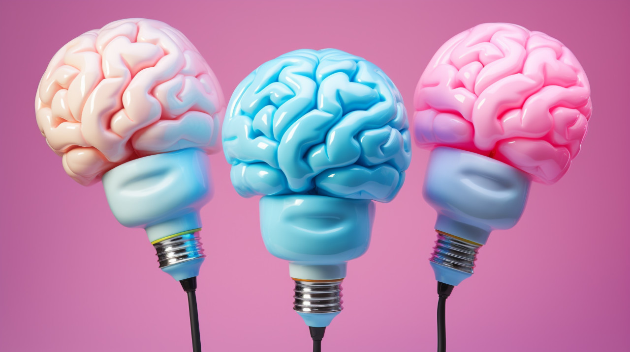 Three bright lights with a brain inside of them, human brain image