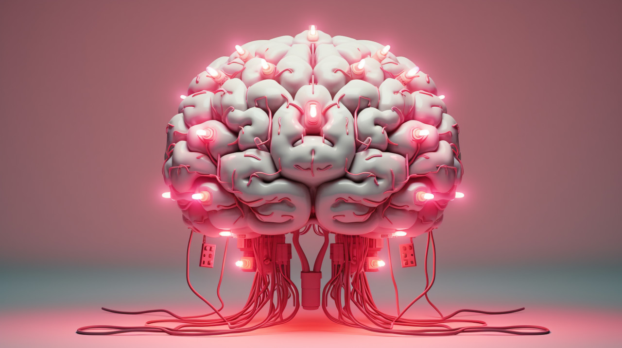 Pink brain filled with electric lights, human brain image