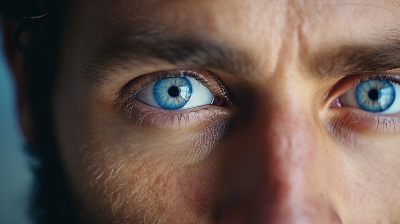A man with a blue eye and a beard, men eyes close up image