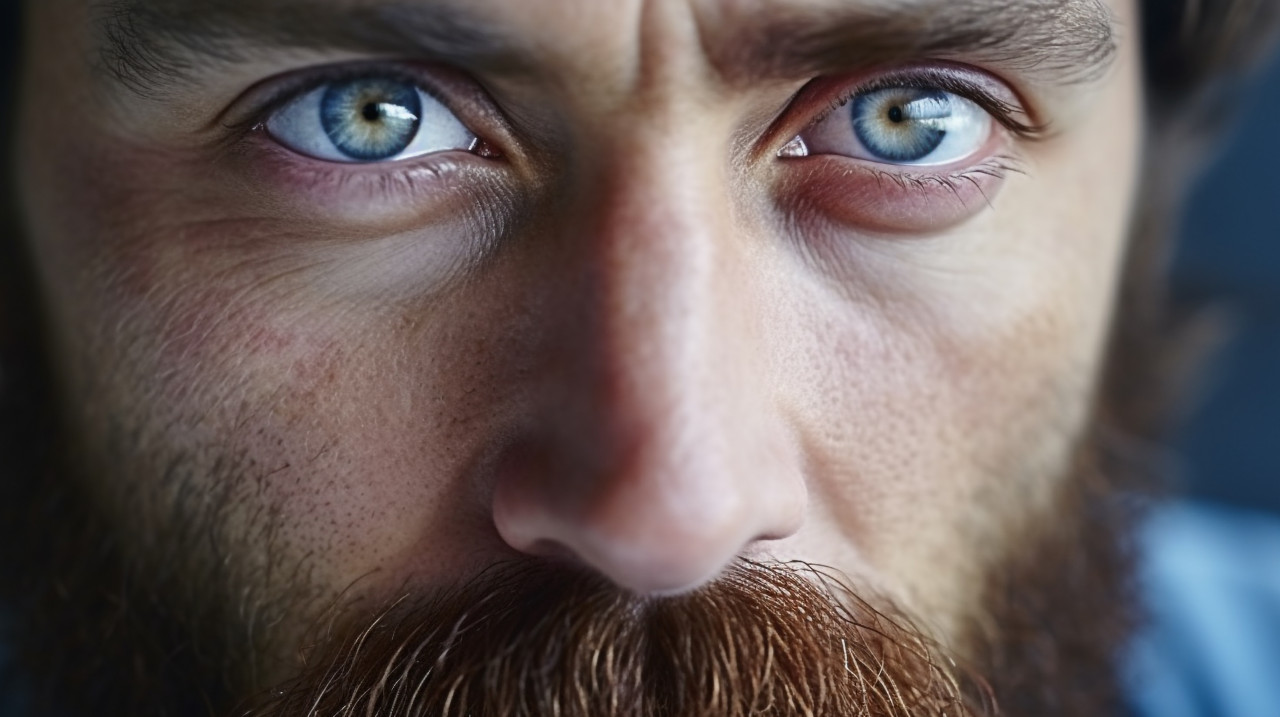 Striking blue-eyed man with a full beard, men eyes close up image