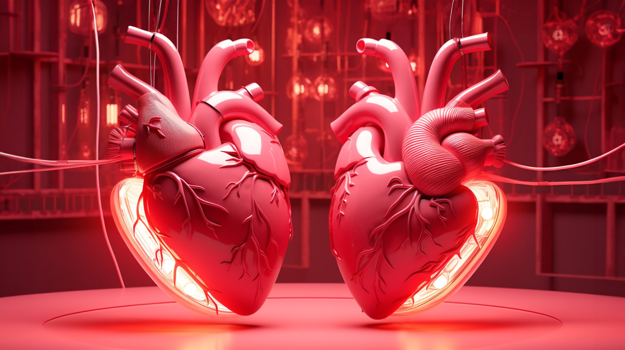 A heart on a red background with two vessels and electrical activity, human heart image