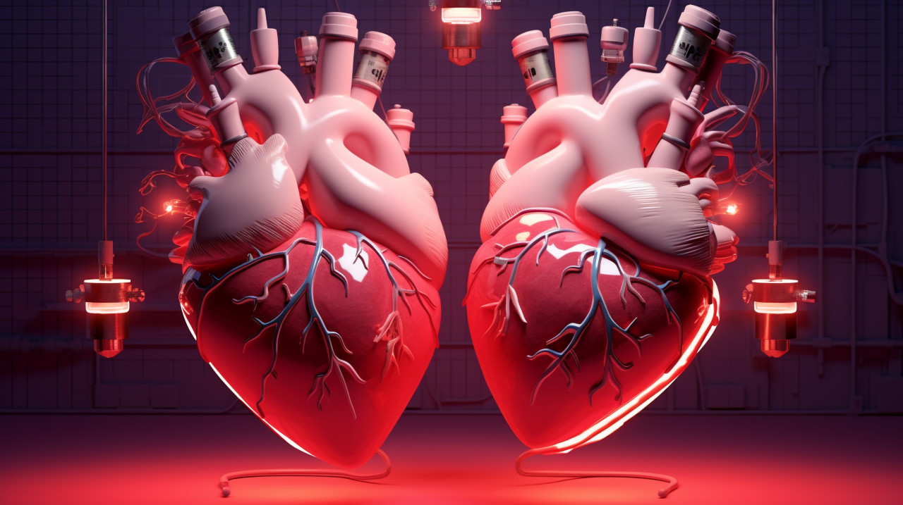 Red heart with vessels and electrical activity, human heart image