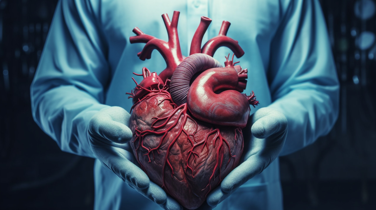 A doctor holds up a human heart in his hands, human heart image