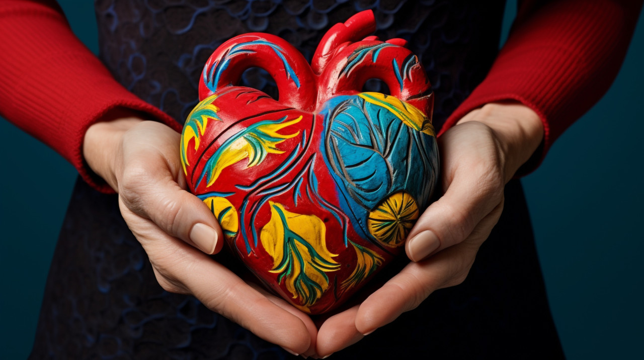 Woman's hands holding symbol of compassion, human heart image