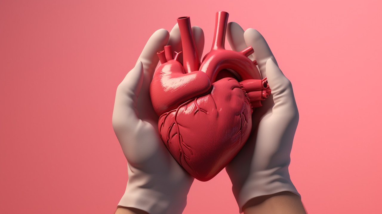 Human model of heart being held by medical student in pink glove, human heart image