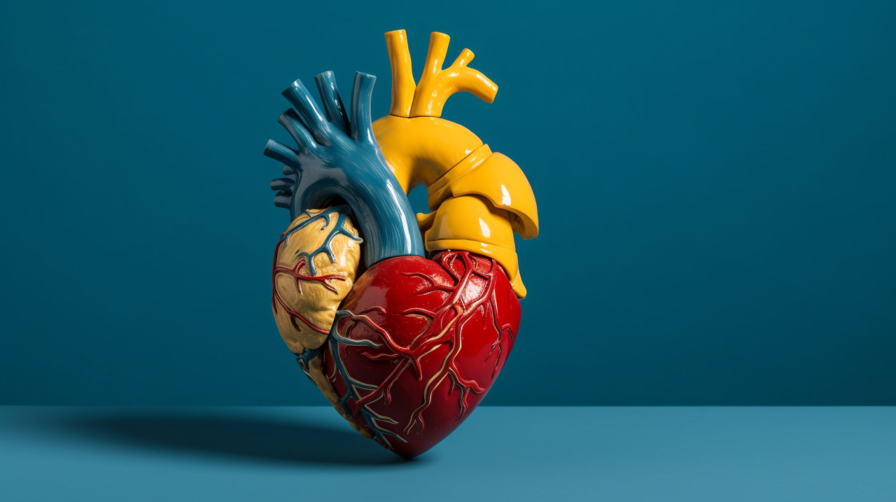 A figure holding a heart model with red heart inside, human heart image