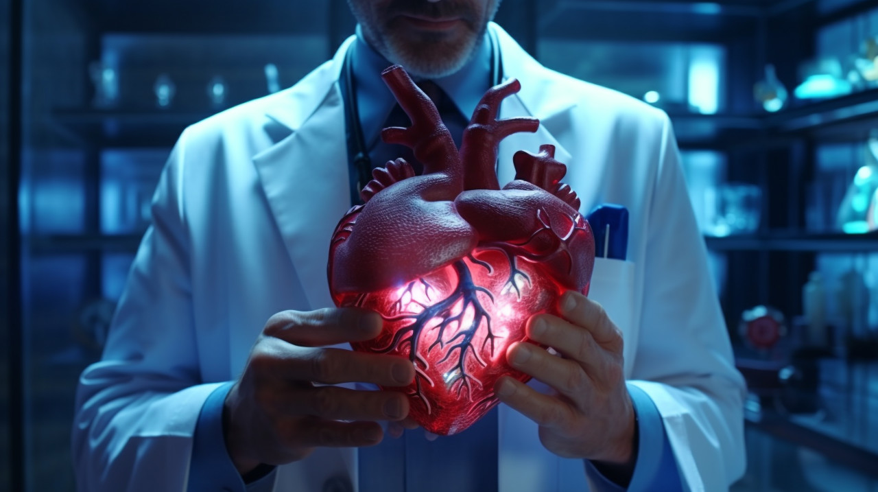 A doctor holding a virtual heart, human heart image