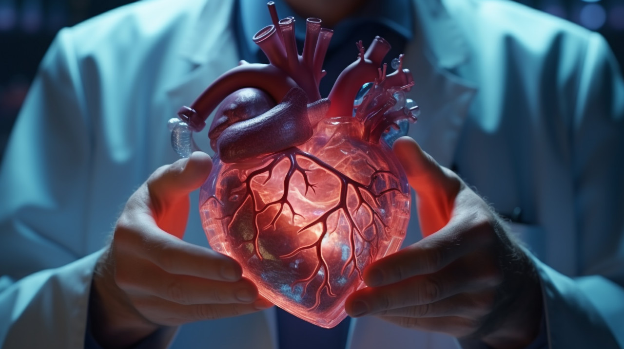Medical professional analyzes virtual heart, human heart image