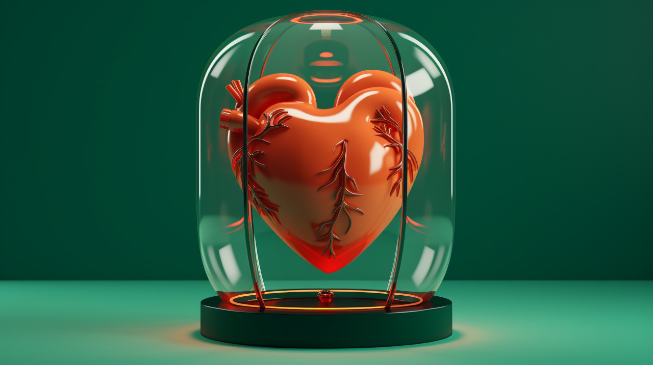 Red glass dome with heart design, human heart image