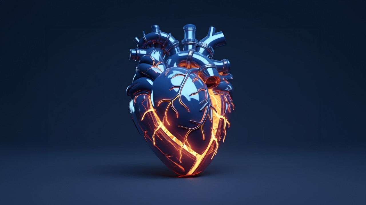 3d rendered artificial realistic heart on a dark, human heart image