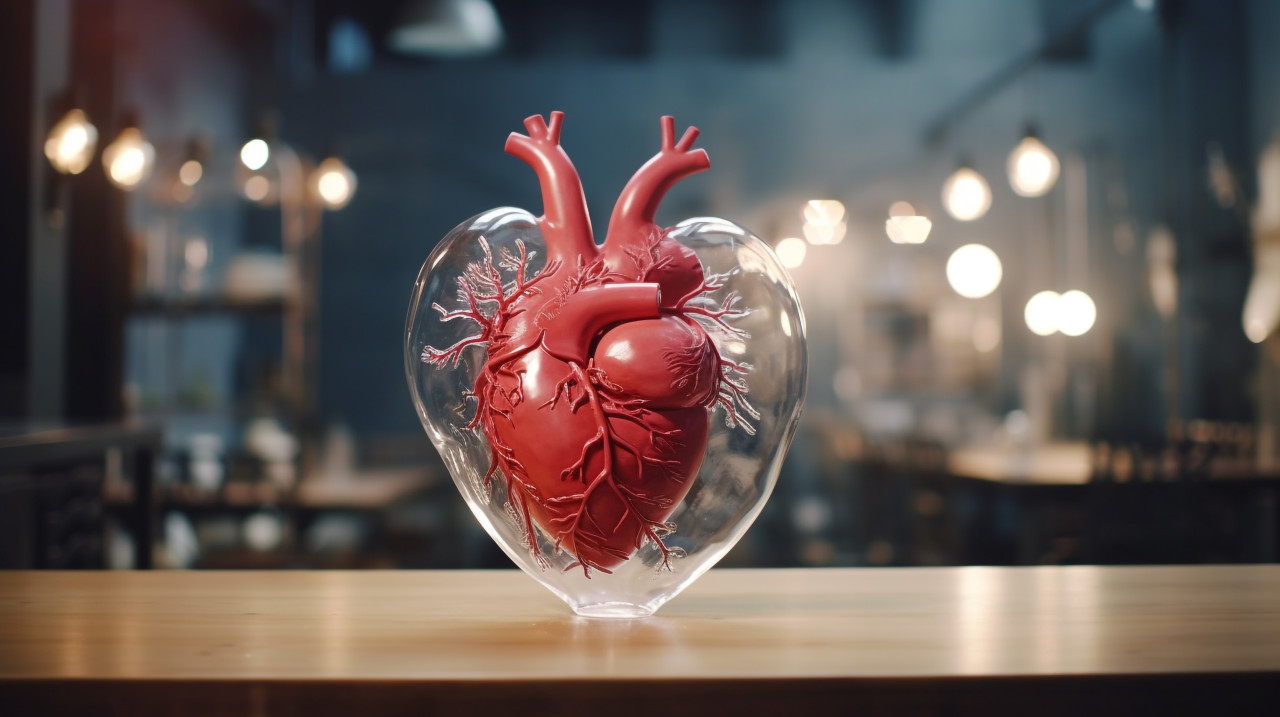 A glass human heart placed on a table, human heart image