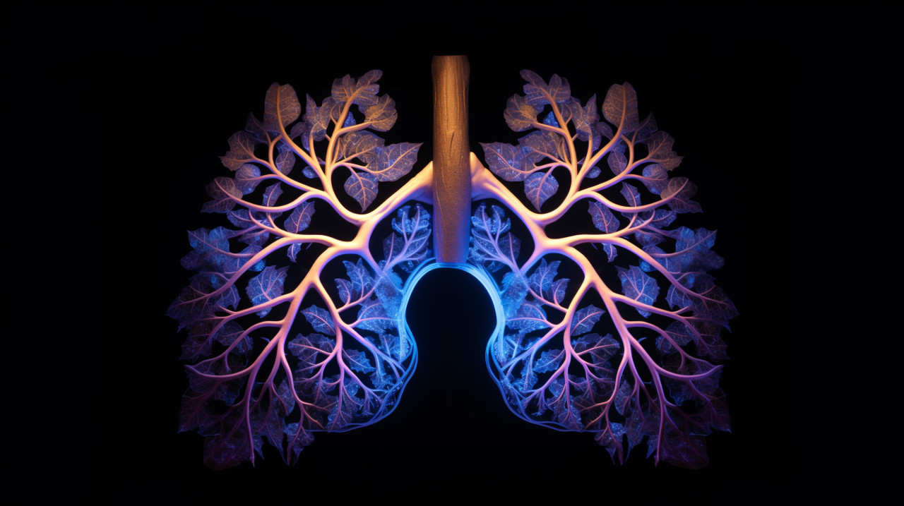 Image of an lungs which is illuminated and showing blue light, human lungs image
