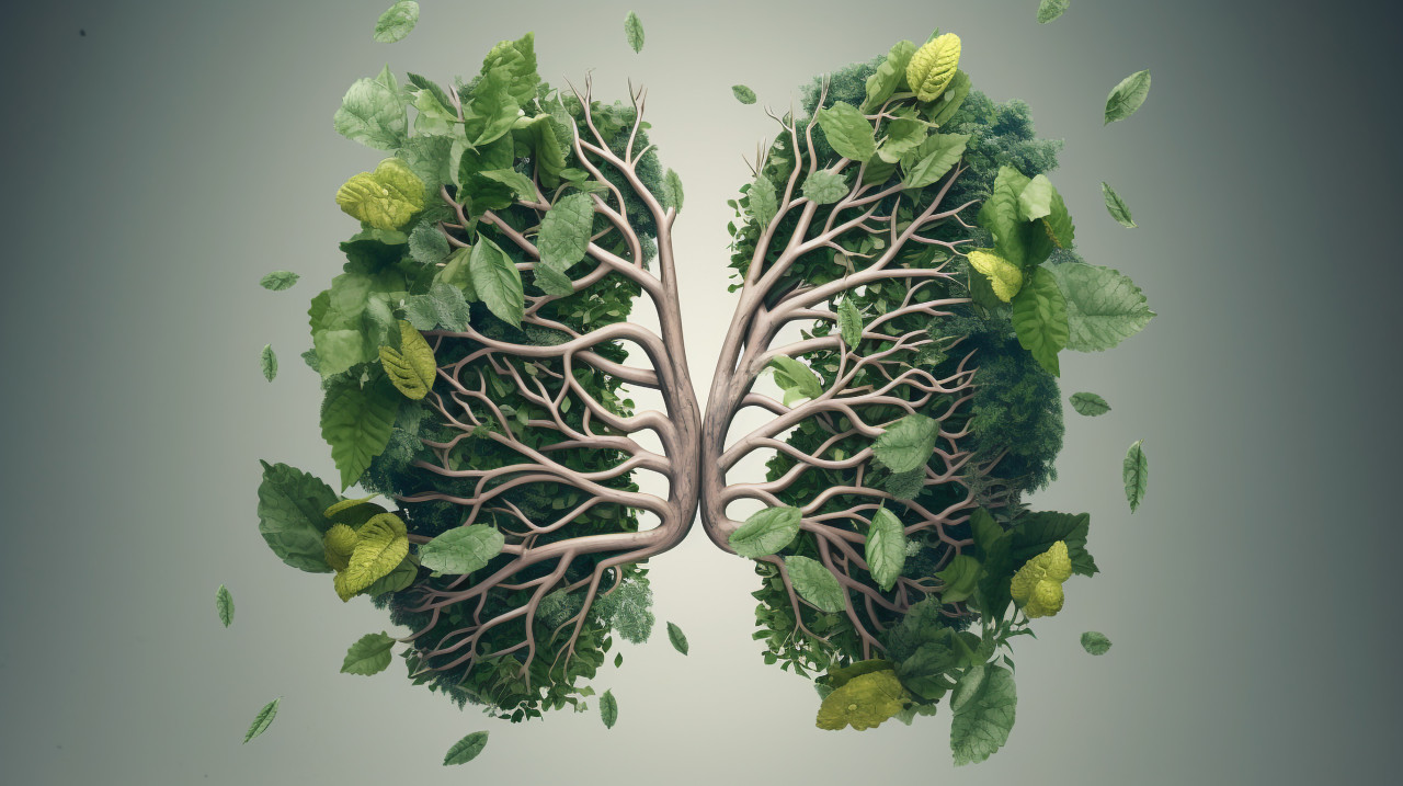Living lungs with leaves and green leaves 3d illustration, human lungs image