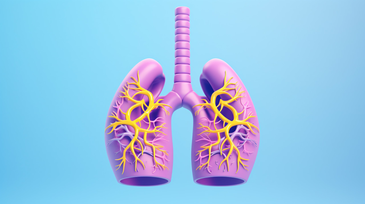 Lungs with a glass tube and a purple and blue gradient background, human lungs image
