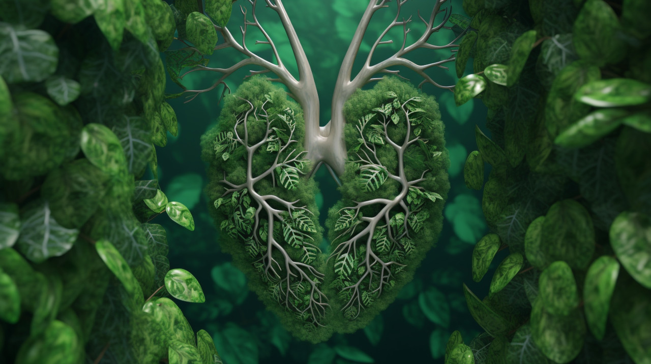 3d green lungs on a green background with leaves, human lungs image