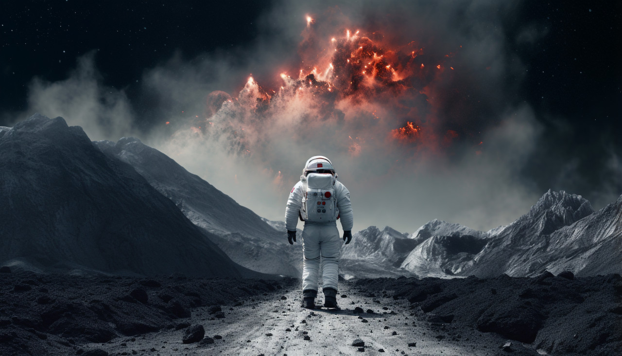A white astronaut walking in the space near a volcano, chandrayaan images hd