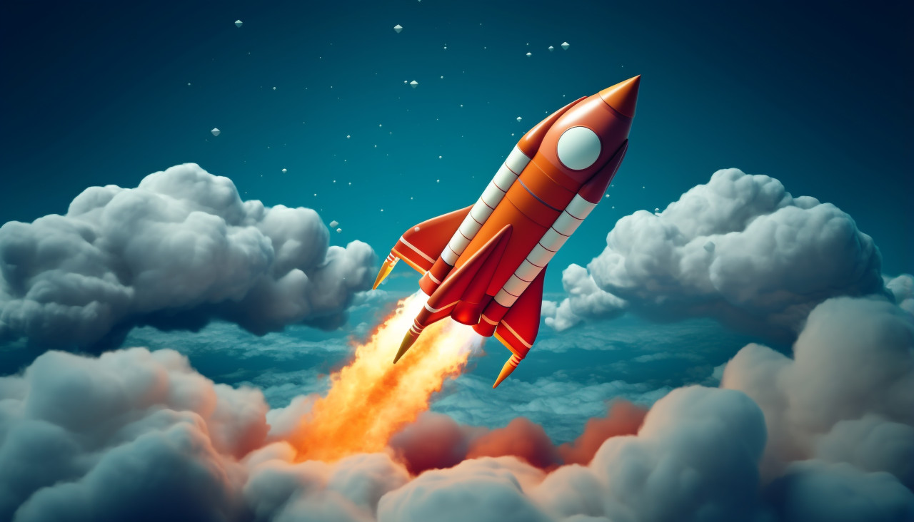 Red rocket flying away with white clouds in the background, chandrayaan images hd