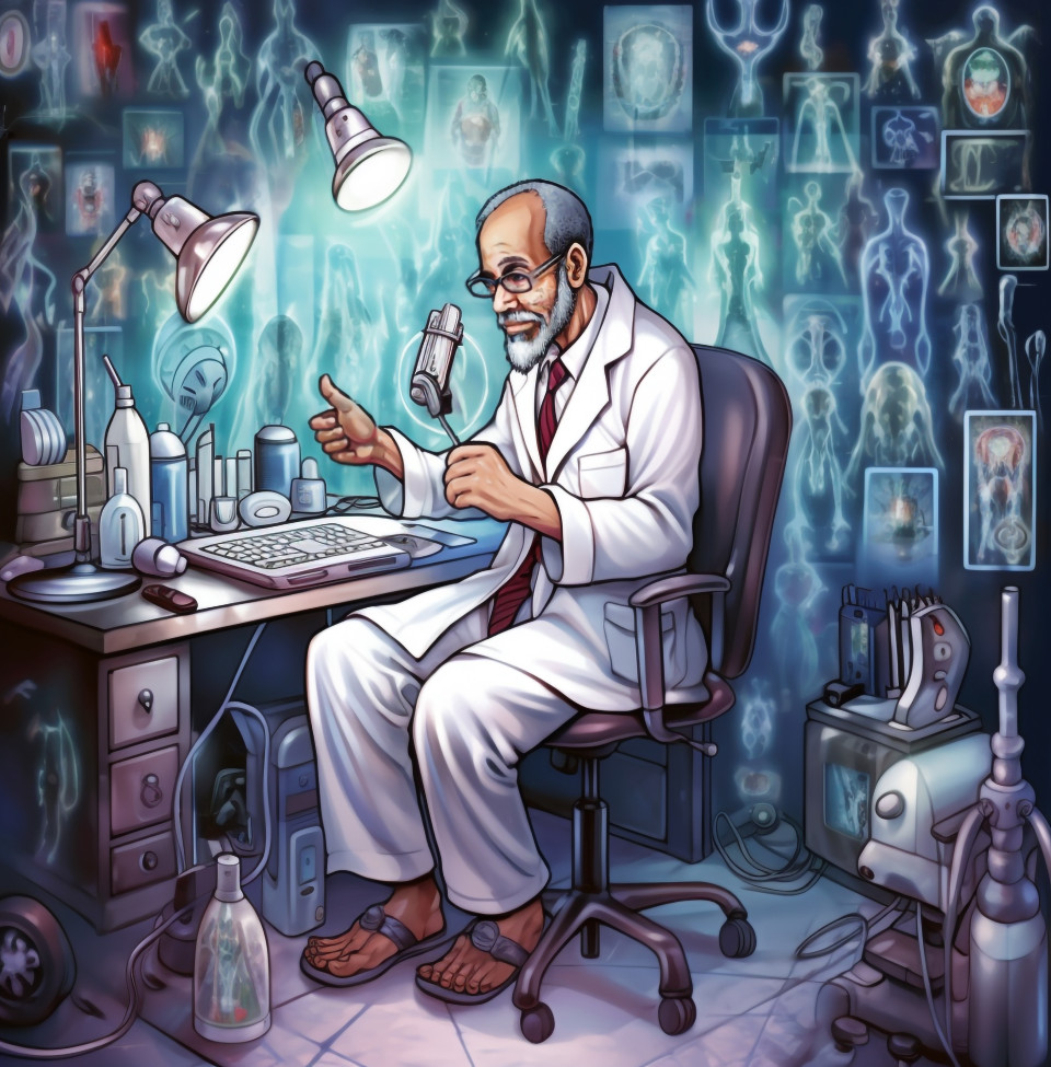 Doctor examines patient using holographic microscope, medical images stock