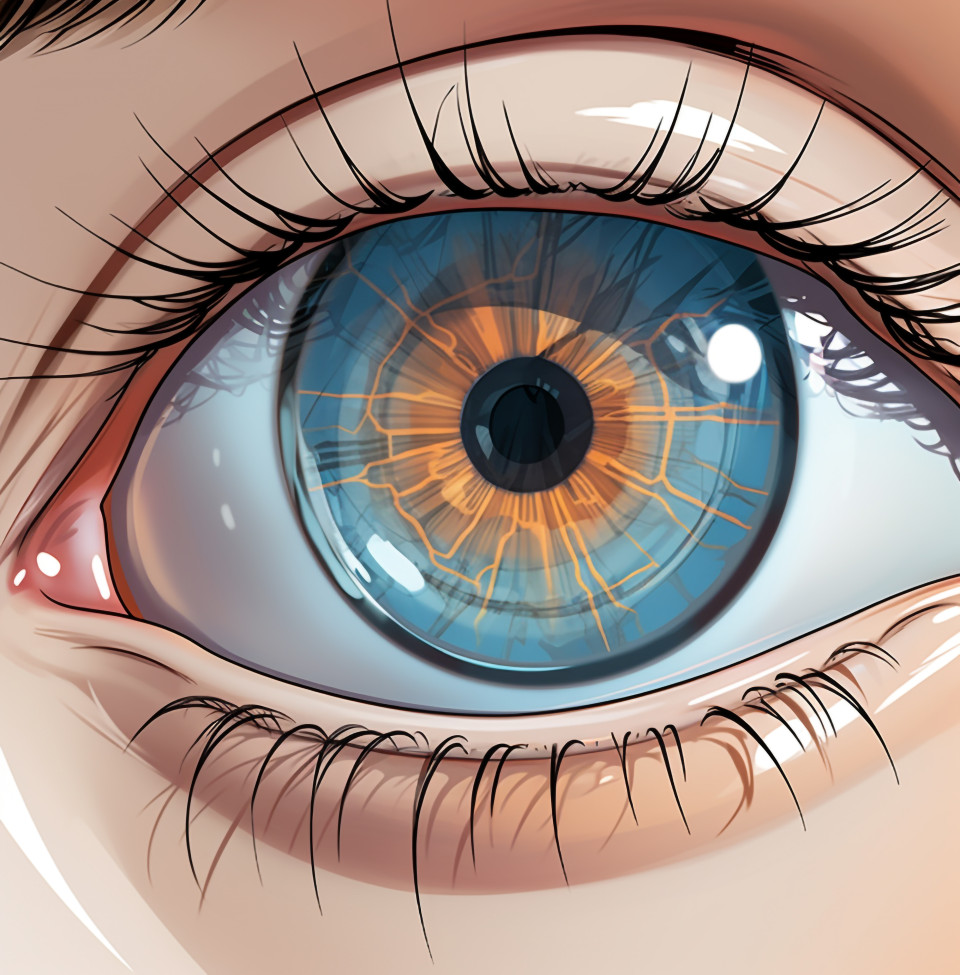 Contact lens detects eye diseases, medical images stock