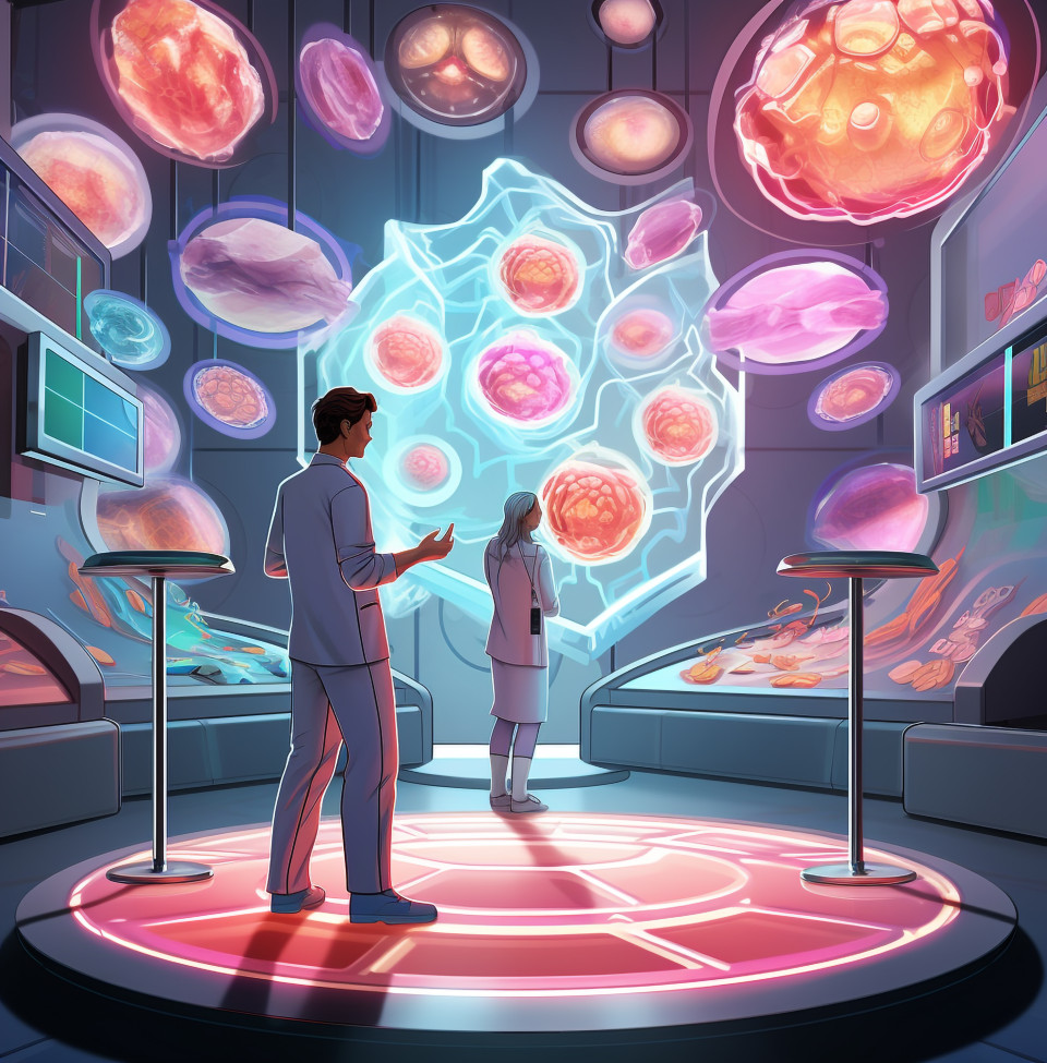 A doctor using a holographic microscope to examine a patients cells, medical images stock