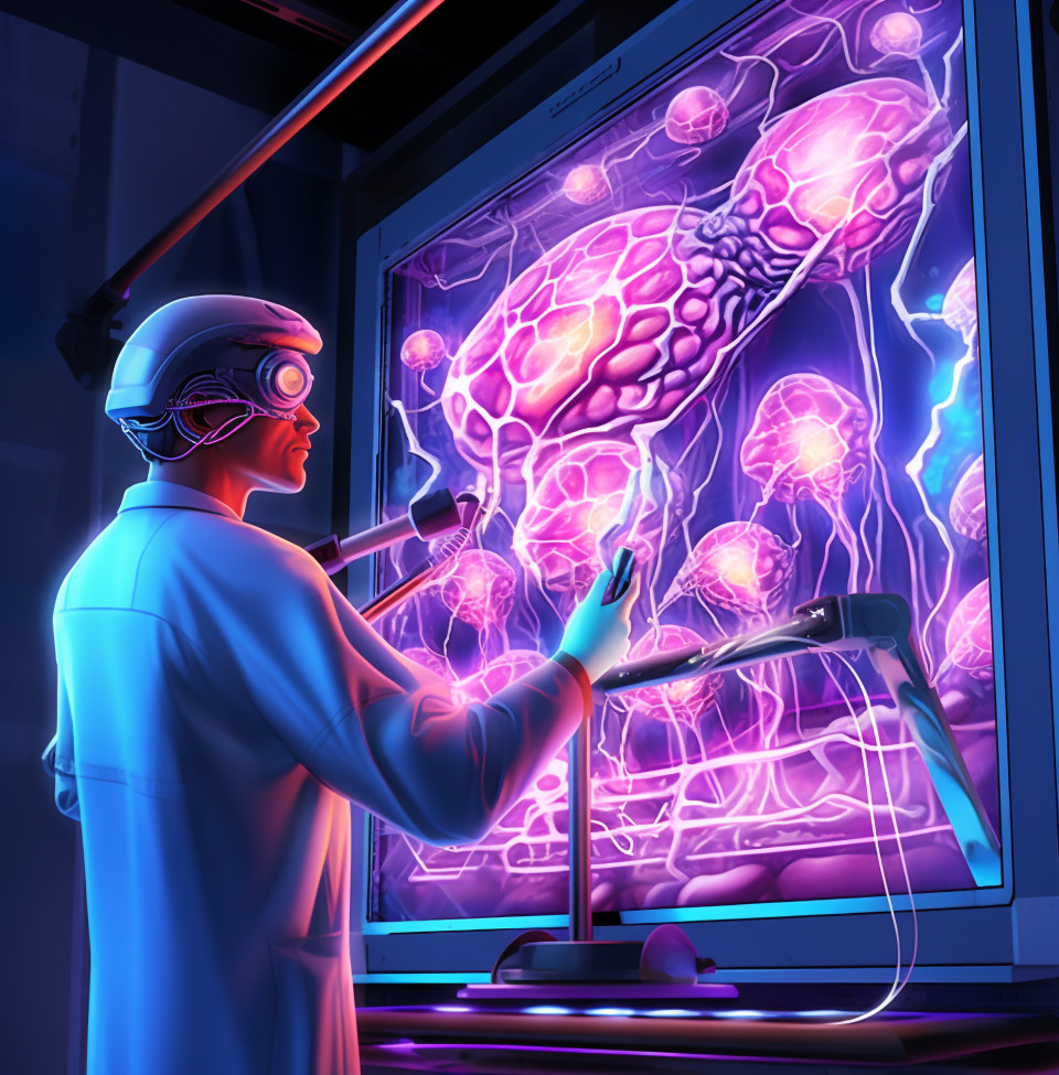 Doctor uses holographic microscope to study cells, medical images stock