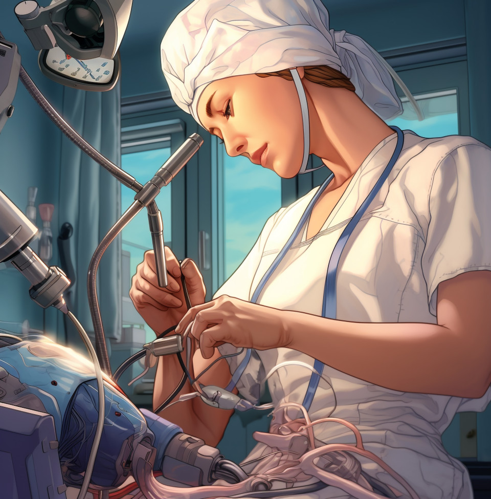 A surgeon using a robotic arm to perform a delicate operation, medical images stock
