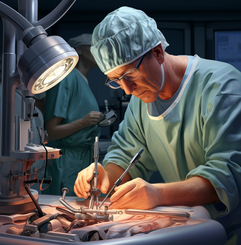 Surgeon operating with robotic arm, medical images stock