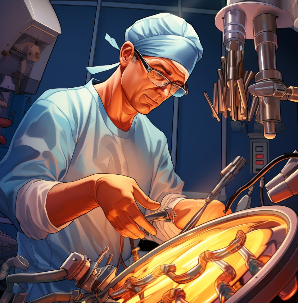 A surgeon using a robotic arm to perform a delicate operation, medical images stock
