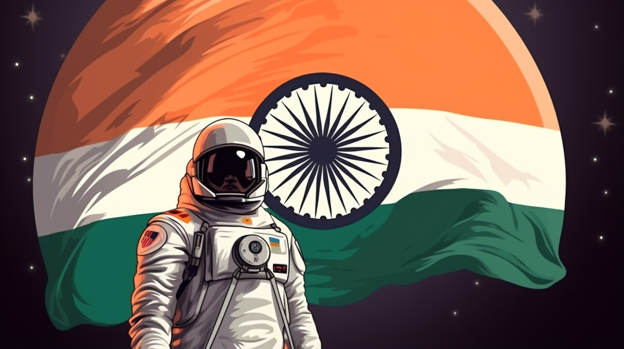 Astronaut standing with the indian flag, chandrayaan with indian flag