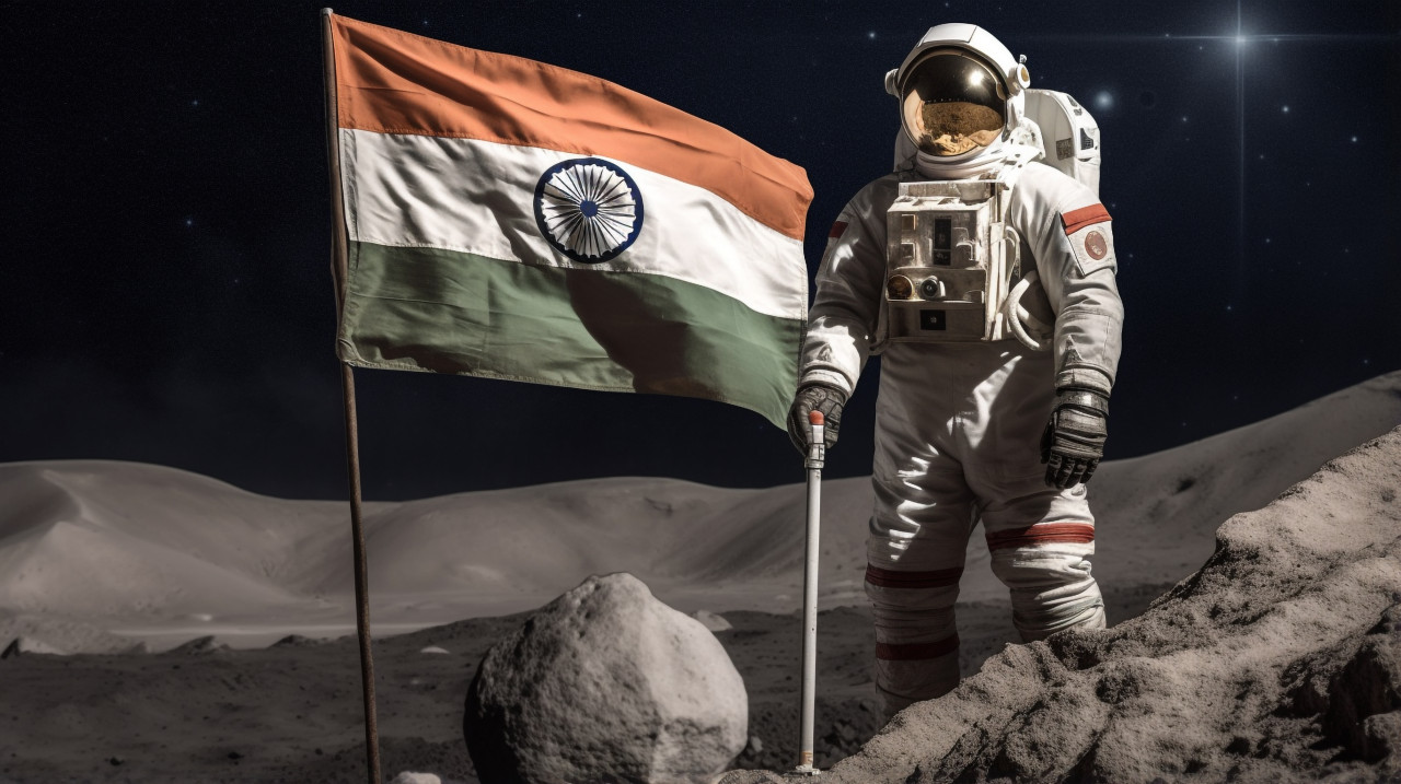 An astronaut is holding the indian flag on the moon, chandrayaan with indian flag