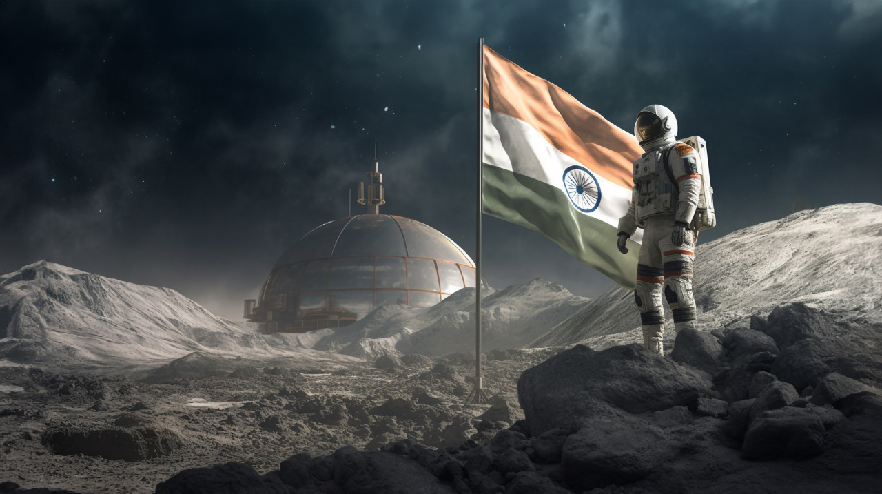 Astronaut plant indian flag on moon, chandrayaan with indian flag