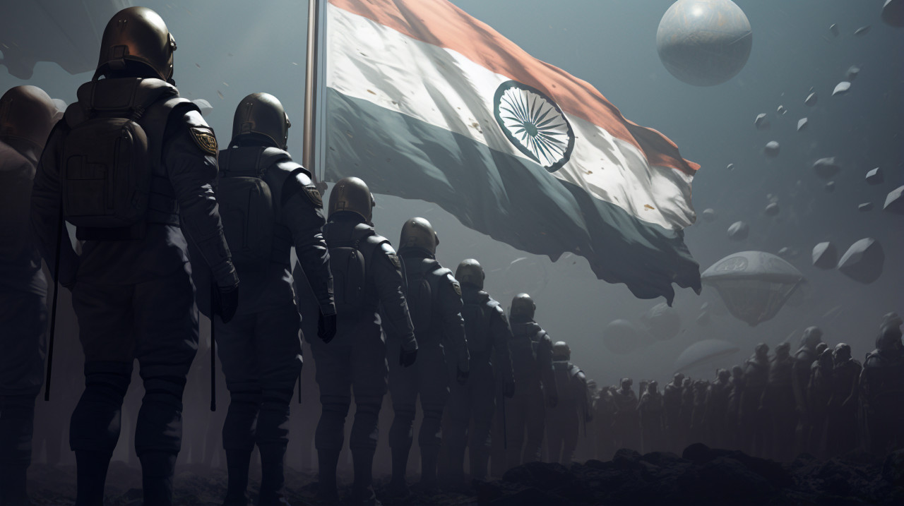 India flag on moon with astronauts in front of it, chandrayaan with indian flag