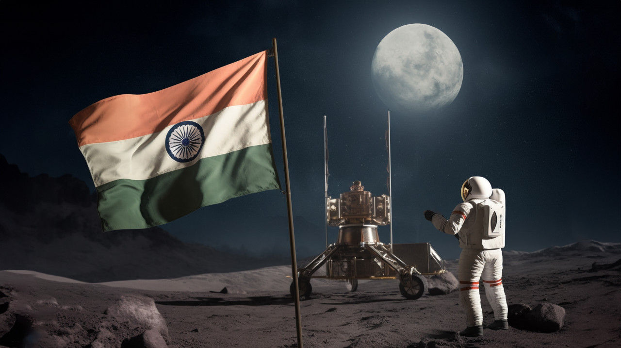Astronaut standing on the moon holding the india flag, chandrayaan with indian flag
