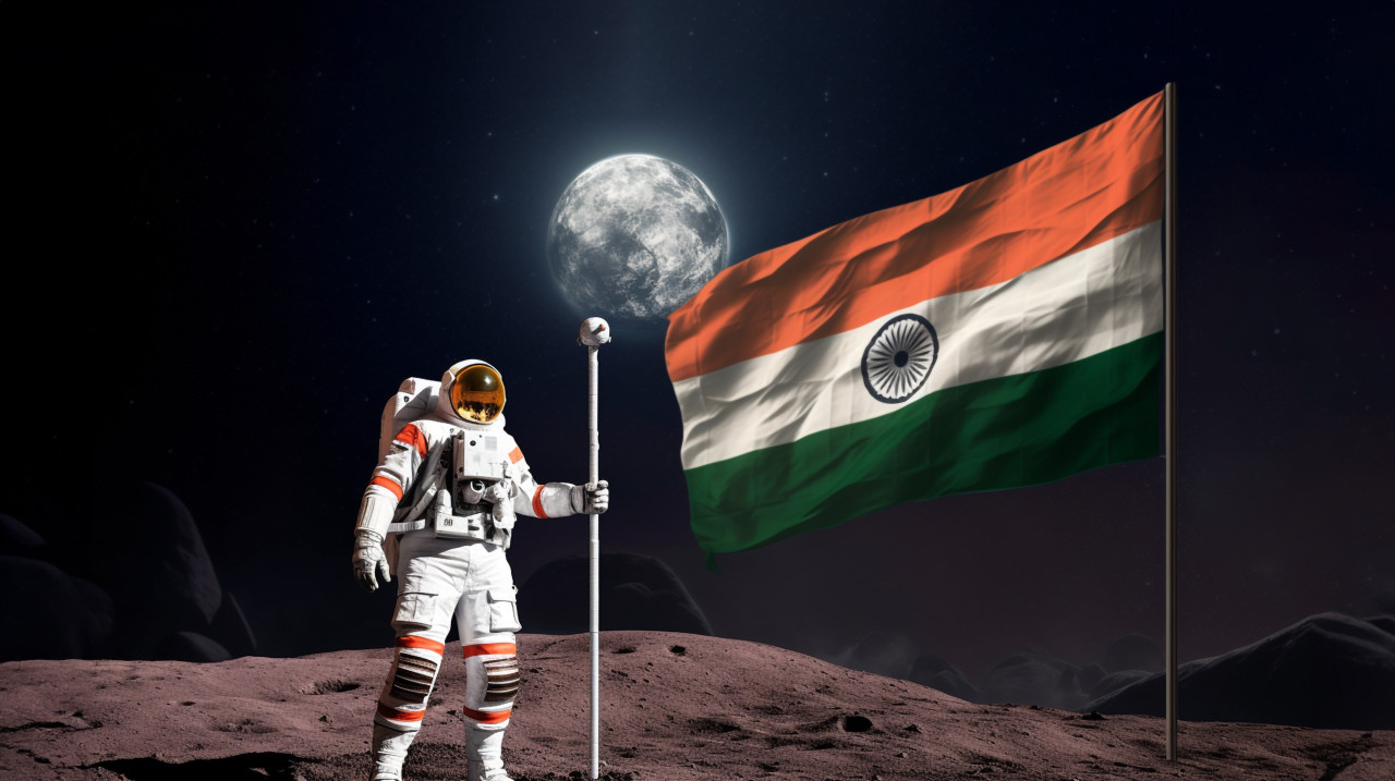 Astronaut salutes india's flag on the moon, chandrayaan with indian flag