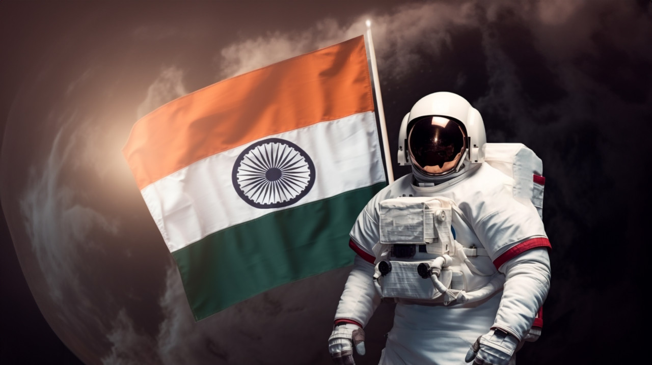 Astronaut is holding indian flag on the moon, chandrayaan with indian flag