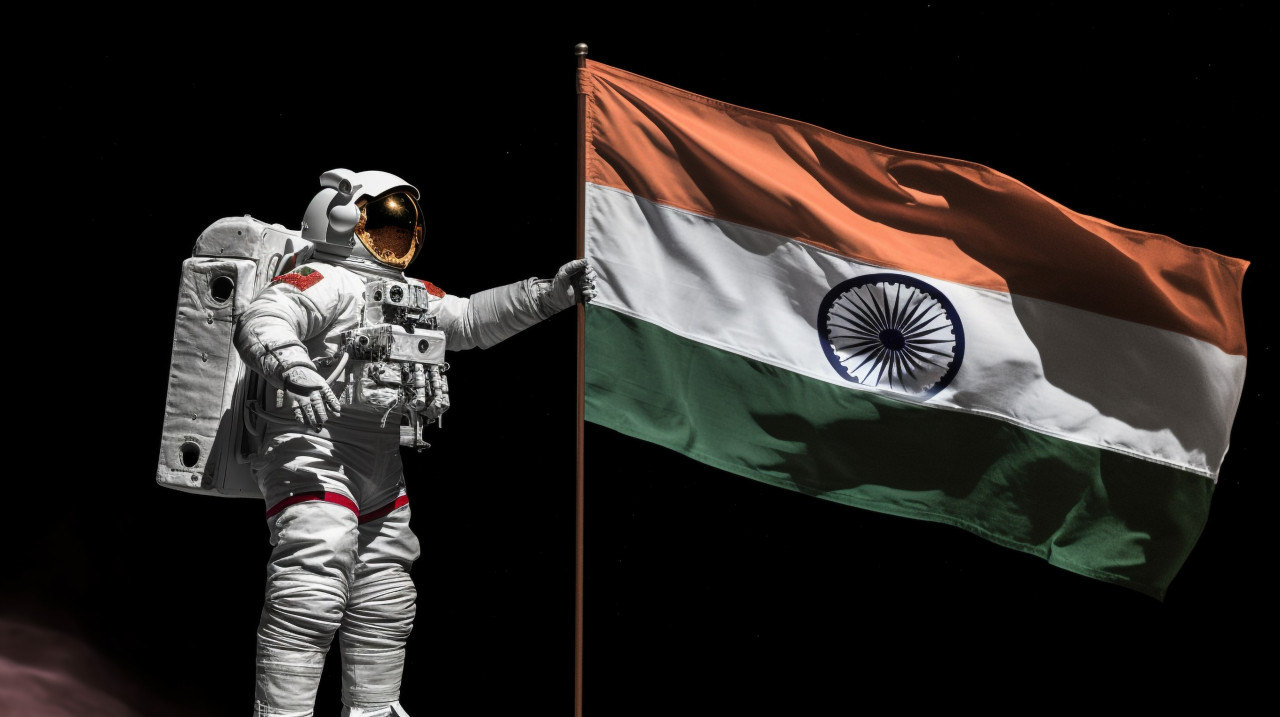 An astronaut stands near the astronaut with india flag, chandrayaan with indian flag