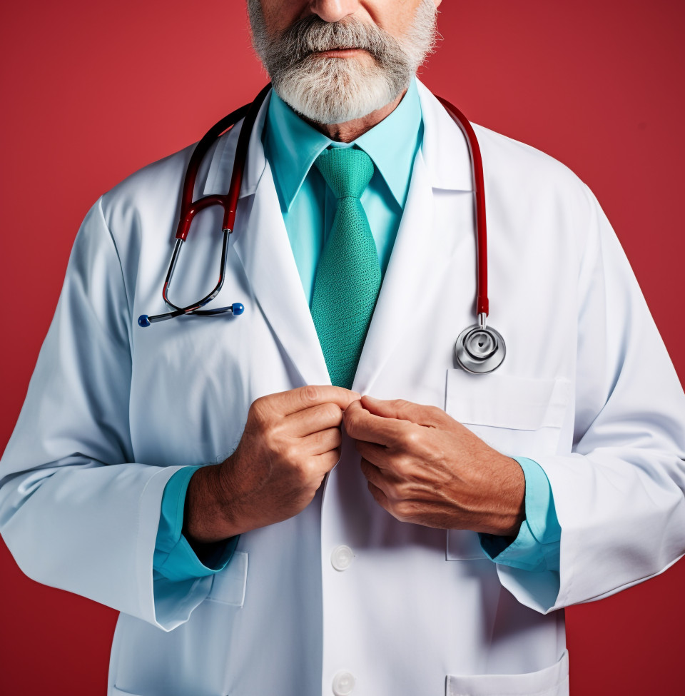 Stock image of a doctor wearing white coat and holding a stethoscope on his torso, medical images stock