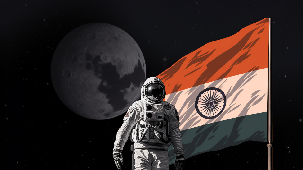 Astronaut raising indian flag on the moon, chandrayaan with indian flag