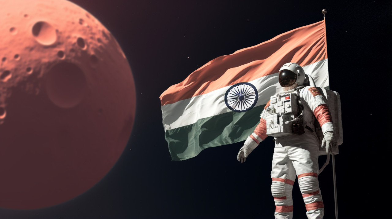 Astronaut plants indian flag on moon, chandrayaan with indian flag