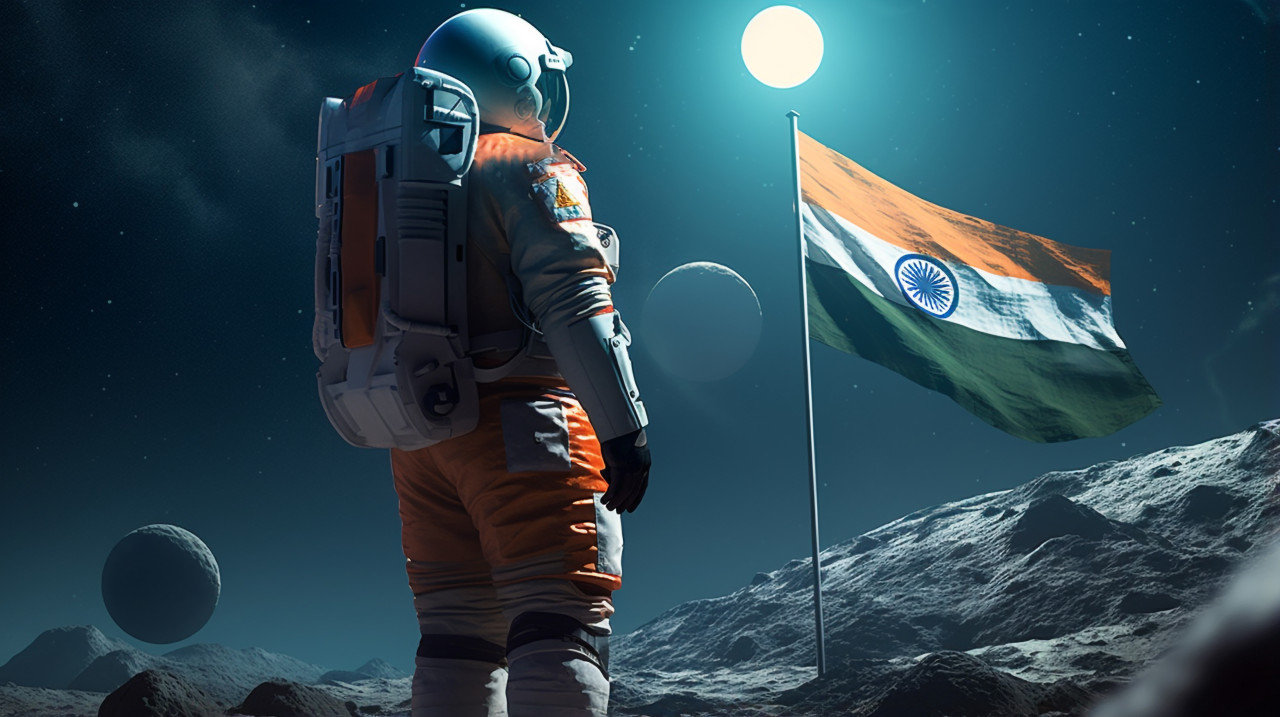 Astronaut plant indian flag on moon, chandrayaan with indian flag