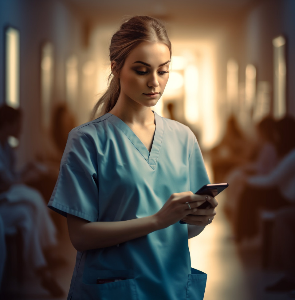 A nurse with a tablet and smartphone on her shoulder, medical images stock
