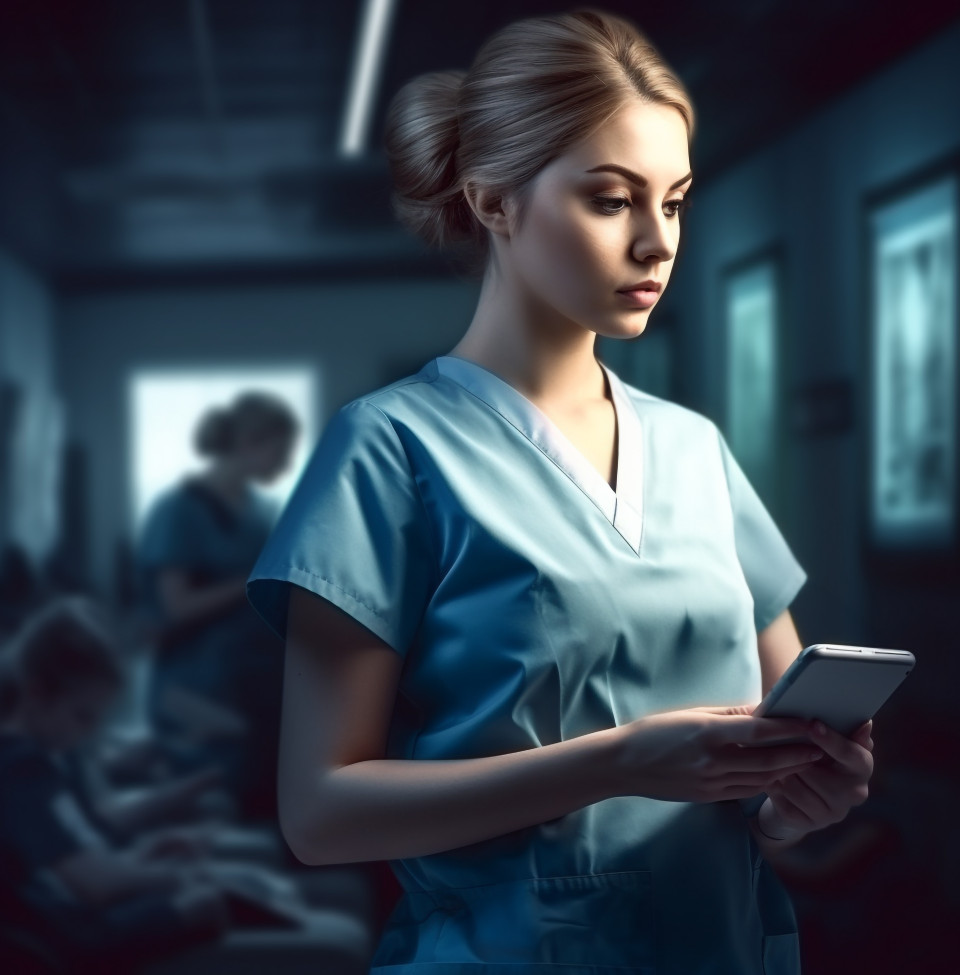Nurse using tablet and smartphone to provide care, medical images stock